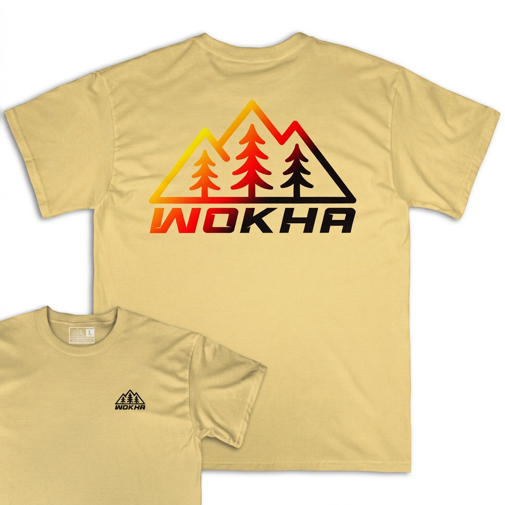 Camiseta Wokha Organic Degradado Arena con espalda grande y frontal superpuesto sobre fondo blanco