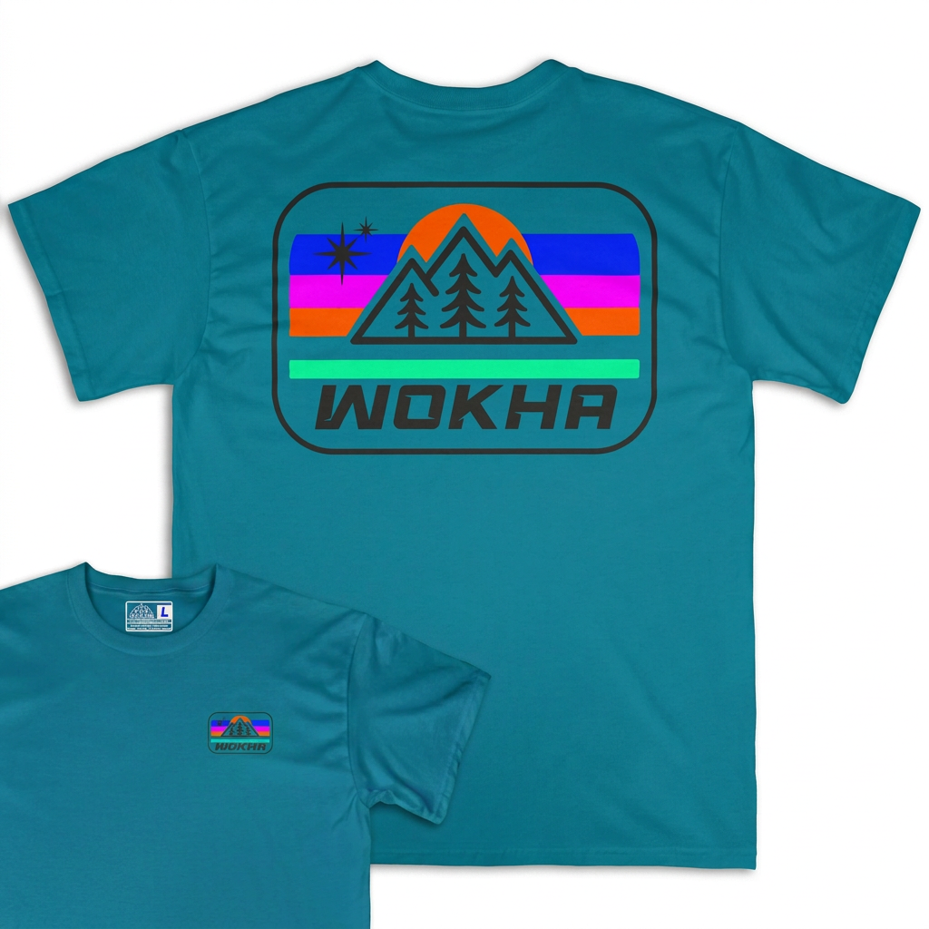 Camiseta Wokha Organic Estrella Turquesa con espalda grande y frontal superpuesto sobre fondo blanco