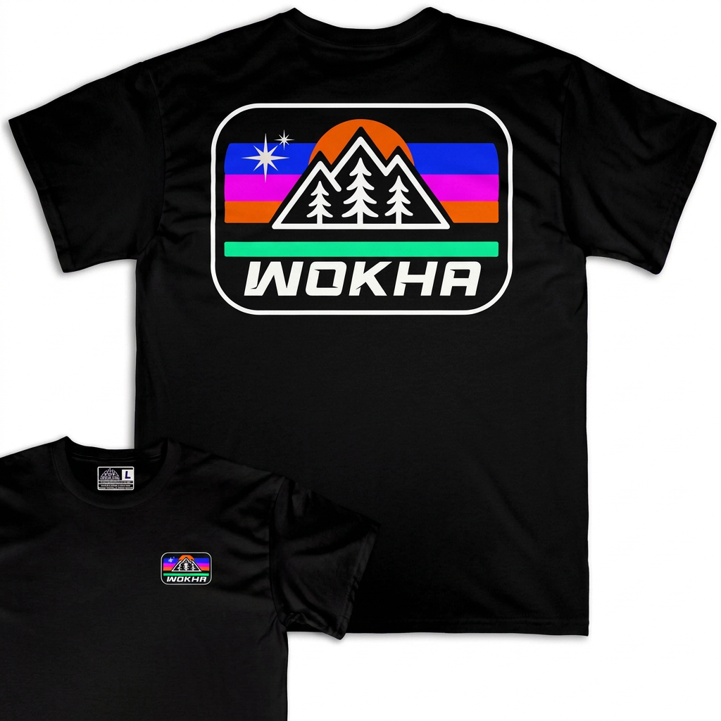 Camiseta Wokha Organic Estrella Negra con espalda grande y frontal superpuesto sobre fondo blanco