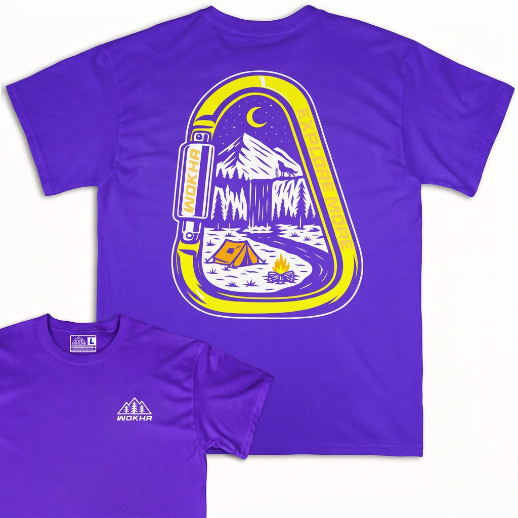 Composición de camiseta Wokha Organic Mosquetón Morada con espalda grande y frontal superpuesto abajo a la izquierda