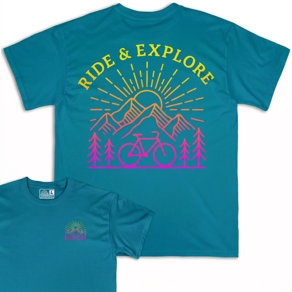 Camiseta Wokha Organic Ride & Explore turquesa con espalda grande y frontal superpuesto sobre fondo blanco