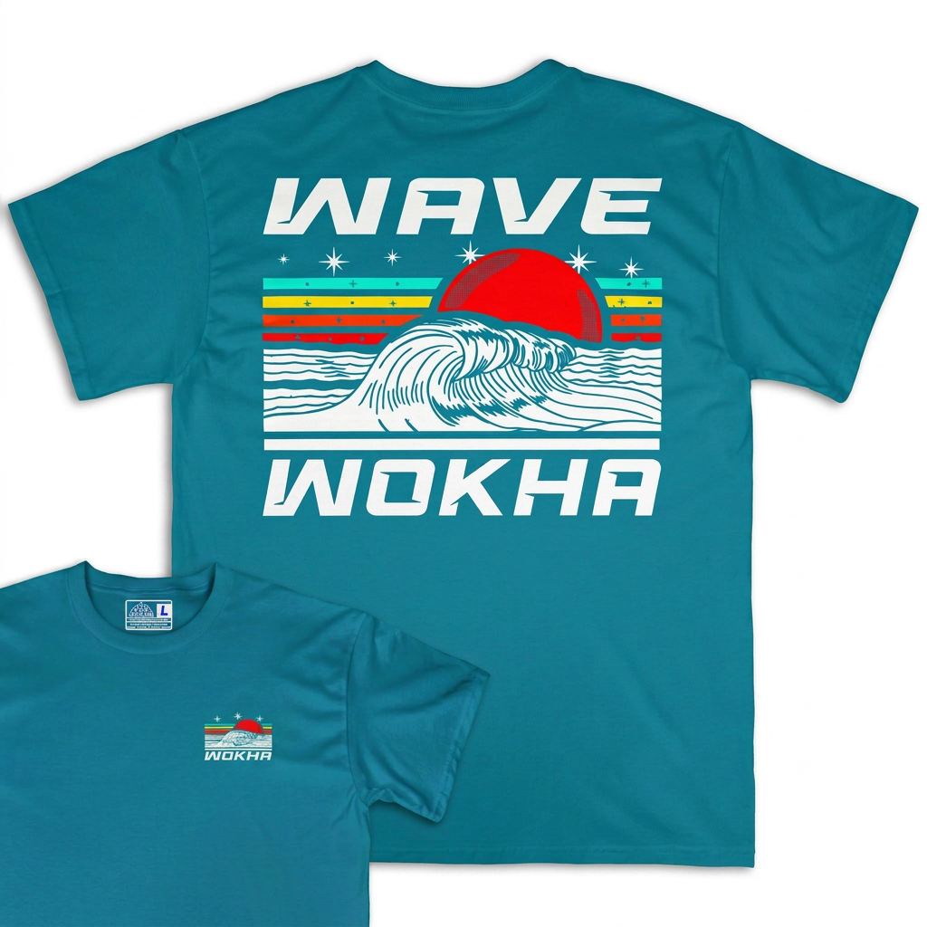 Camiseta Wokha Organic Wave Turquesa con espalda grande y frontal superpuesto sobre fondo blanco