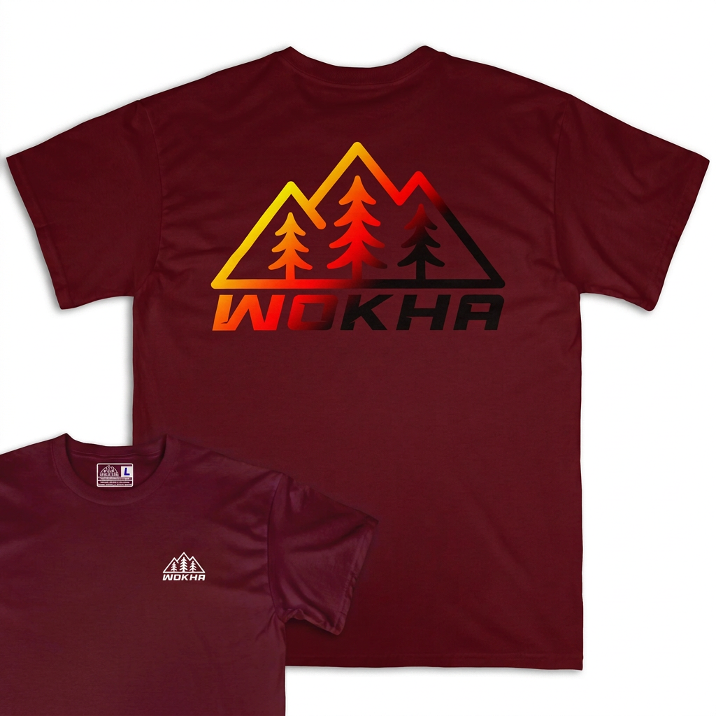 Camiseta Wokha Organic Degradado Granate con espalda grande y frontal superpuesto sobre fondo blanco