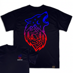 Camiseta Wokha Organic Lobo Negra con espalda grande y frontal superpuesto sobre fondo blanco