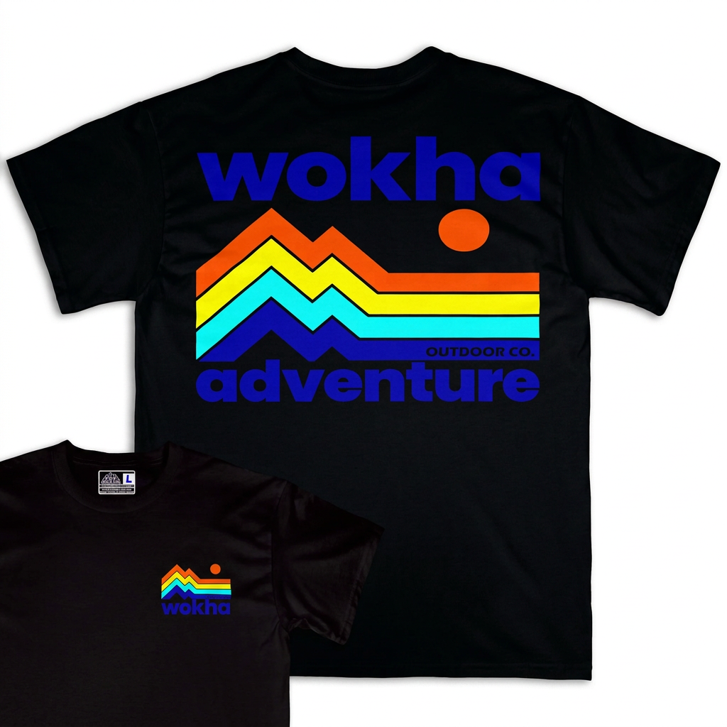 Camiseta Wokha Organic Adventure Negra con espalda grande y frontal superpuesto sobre fondo blanco