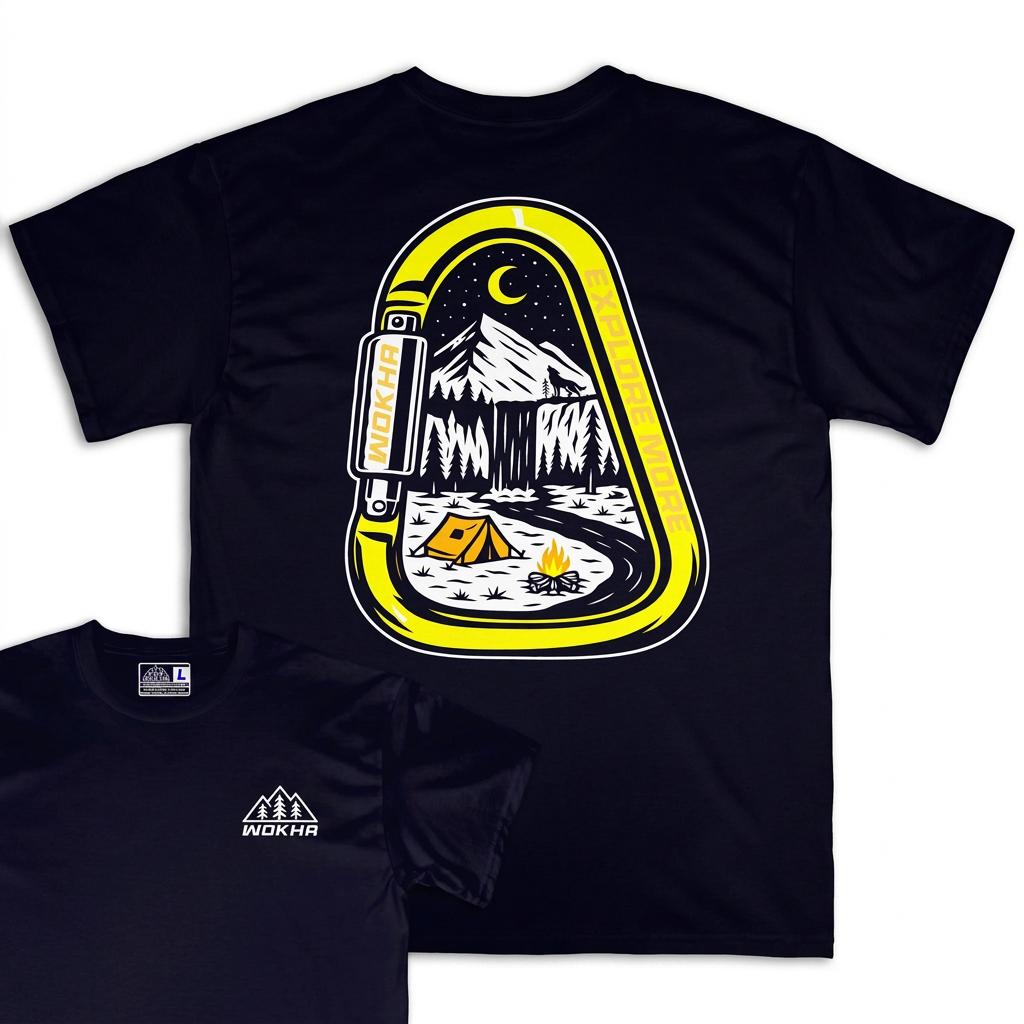 Camiseta Wokha Organic Mosquetón Negra con espalda grande y frontal superpuesto sobre fondo blanco