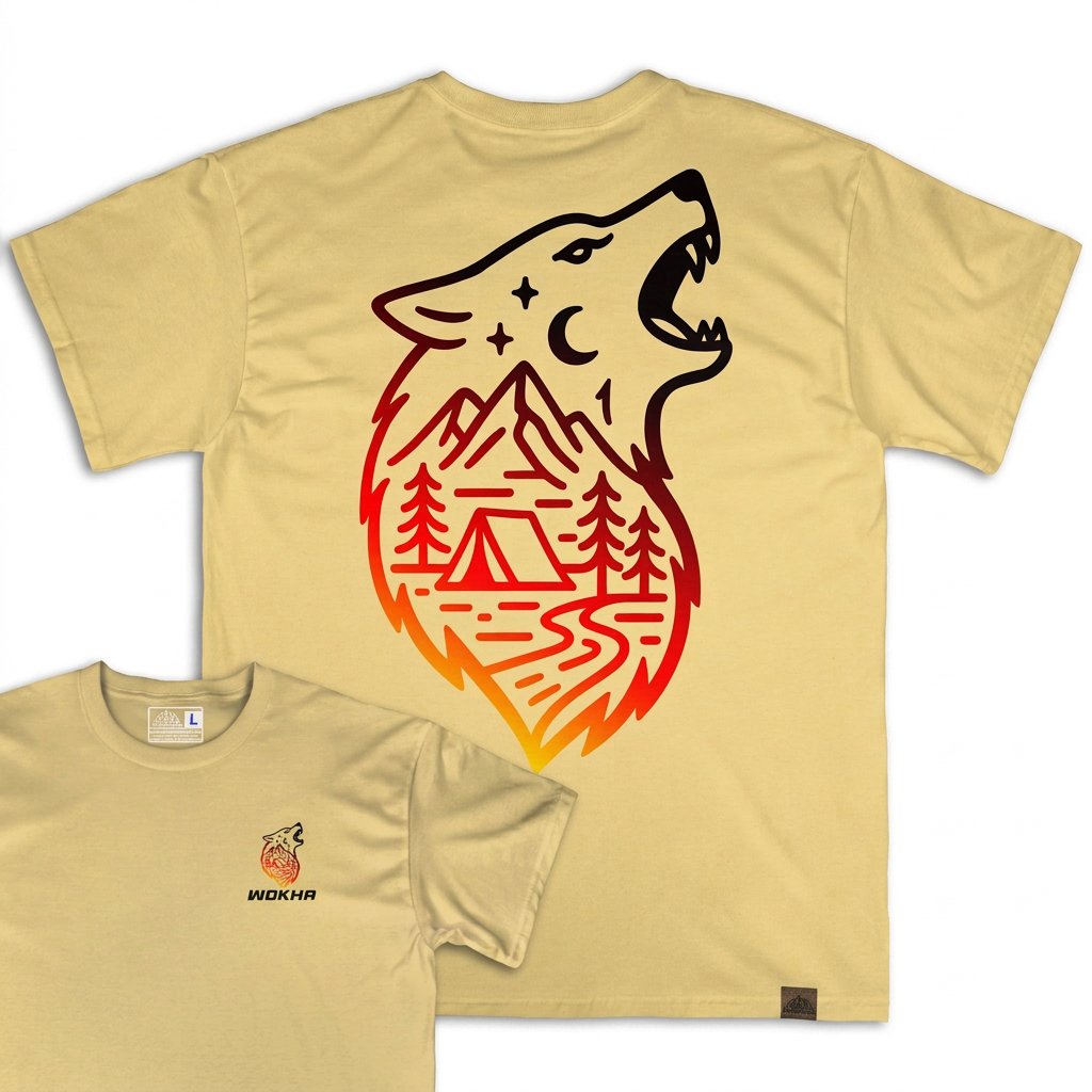 Camiseta Wokha Organic Lobo Arena con espalda grande y frontal superpuesto sobre fondo blanco