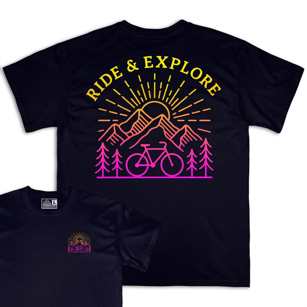 Camiseta Wokha Organic Ride & Explore negra, espalda grande y frontal superpuesto sobre fondo blanco
