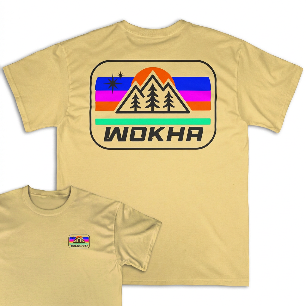 Camiseta Wokha Organic Estrella Arena con espalda grande y frontal superpuesto sobre fondo blanco