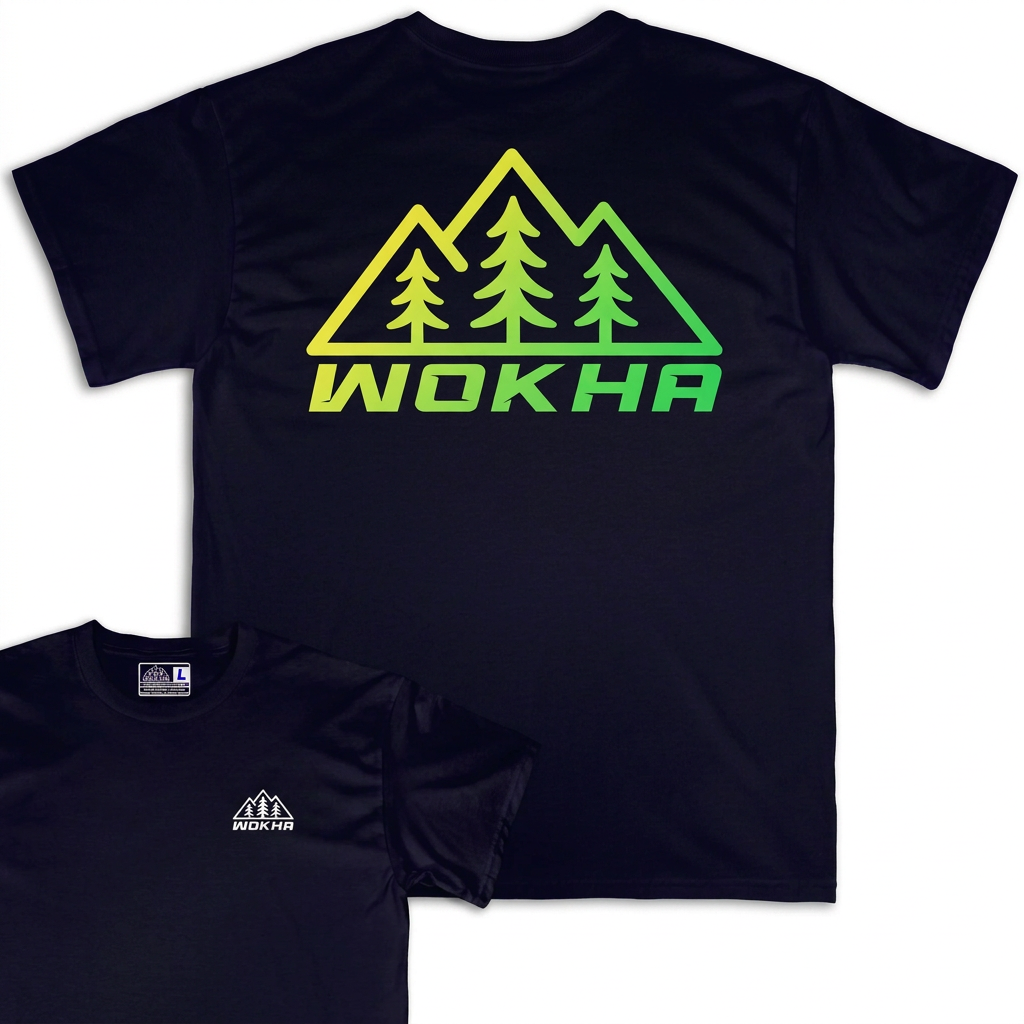Camiseta Wokha Organic Degradado Verde Negra con espalda grande y frontal superpuesto sobre fondo blanco