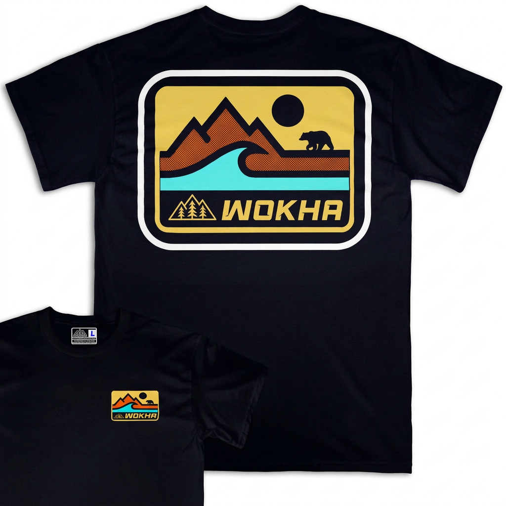 Camiseta Wokha Organic Wild Bear negra con espalda grande y frontal pequeño superpuesto sobre fondo blanco