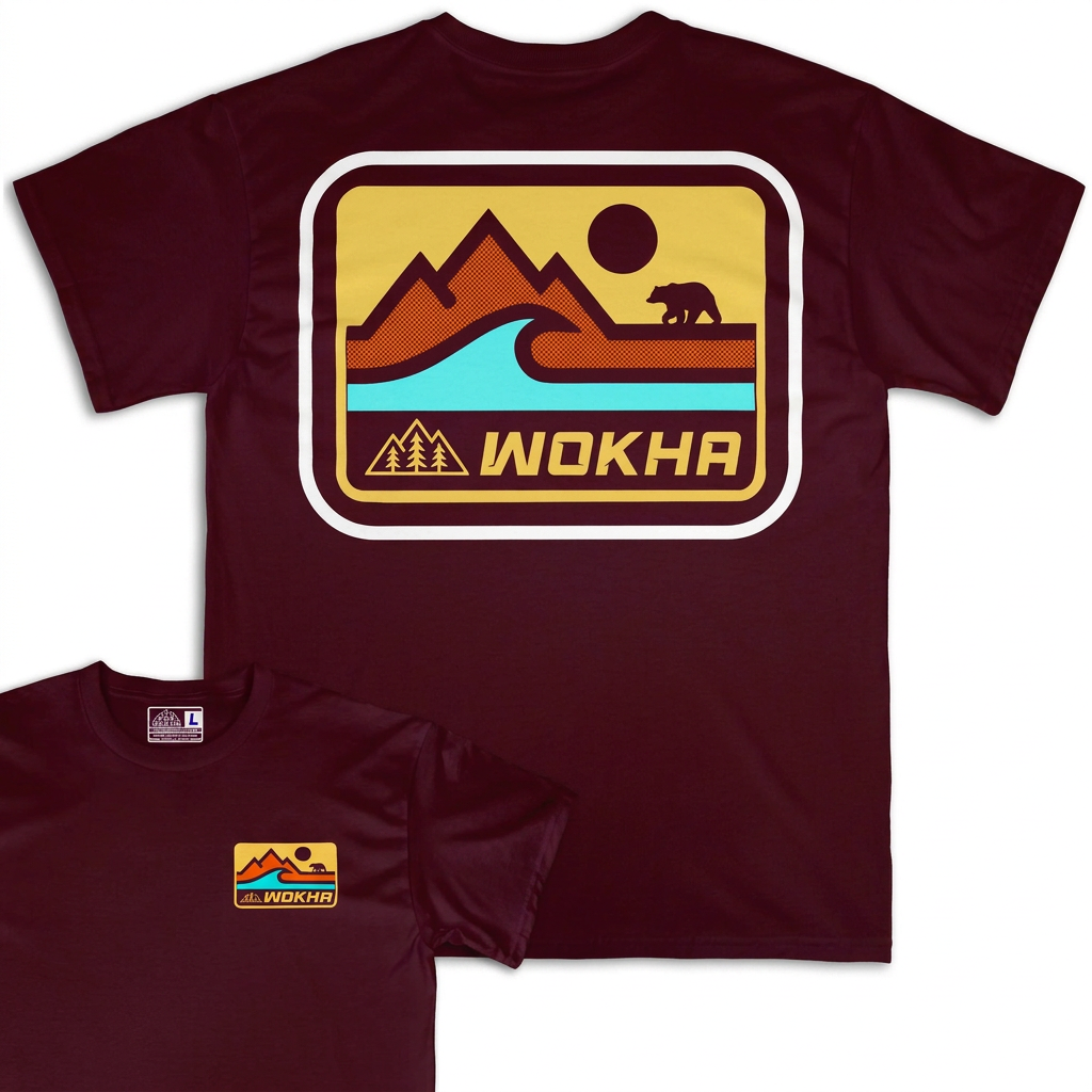 Camiseta Wokha Organic Wild Bear granate con espalda grande y frontal superpuesto sobre fondo blanco