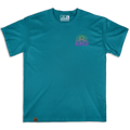 Frontal de la camiseta Wokha Organic Ride & Explore turquesa con ilustración pequeña en el pecho