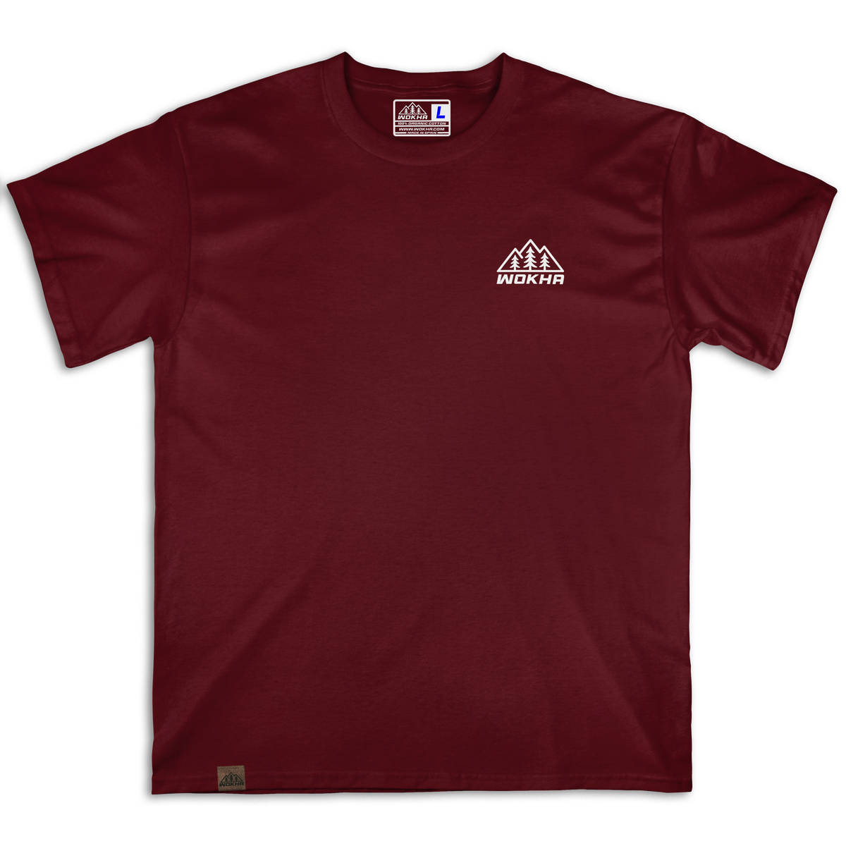 Frontal de la camiseta Wokha Organic Degradado Granate con logotipo blanco en el pecho