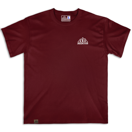 Frontal de la camiseta Wokha Organic Degradado Granate con logotipo blanco en el pecho