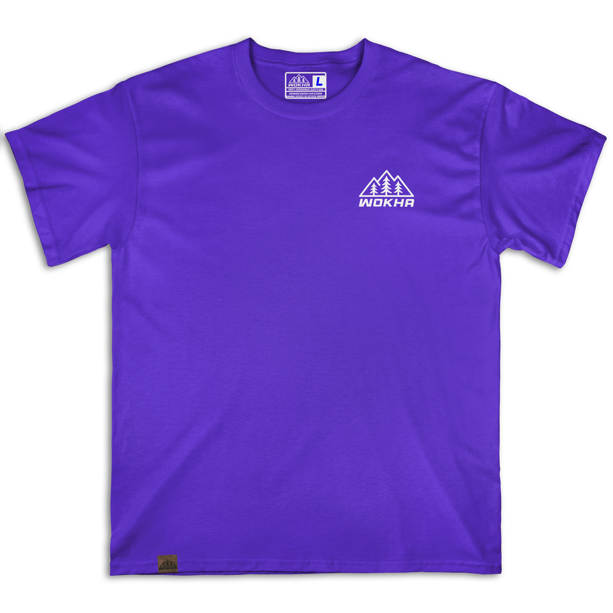 Frontal de camiseta Wokha Organic Mosquetón Morada con logotipo blanco en el pecho