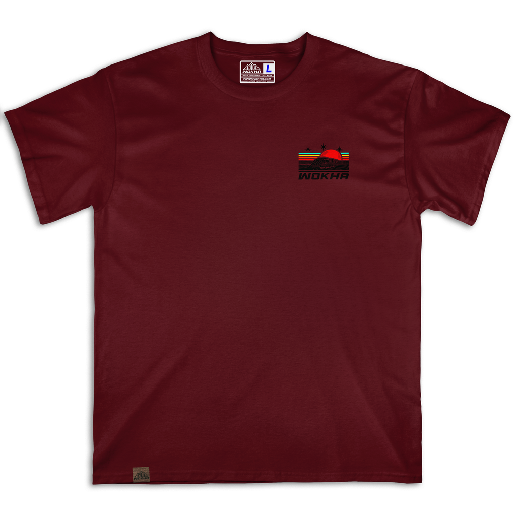 Frontal de la camiseta Wokha Organic Wave Granate con pequeño motivo de ola