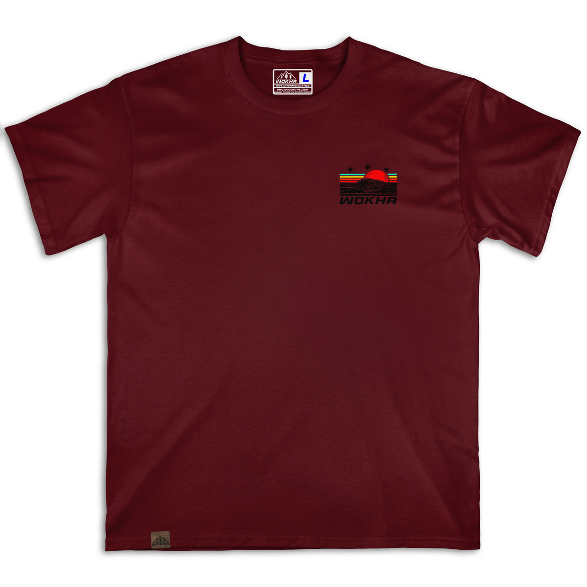 Frontal de la camiseta Wokha Organic Wave Granate con pequeño motivo de ola